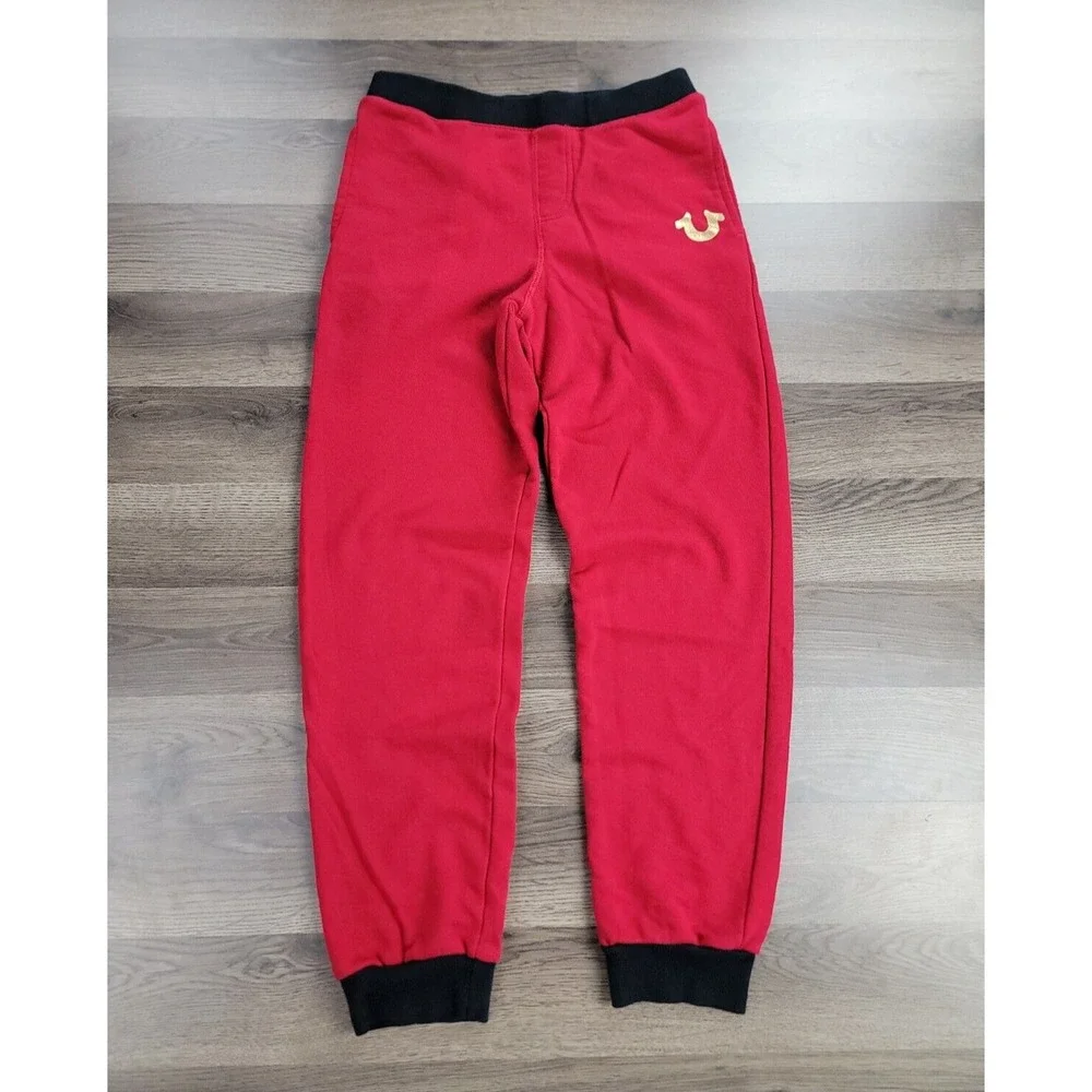True Religion Jogger Sweatpants Large Red Classic Logo Drawstring Skinny Fit